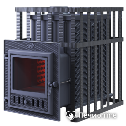 Дровяная банная печь Гефест ЗК в сетке-18 (М) чугунная дверца со стеклом, запатентованная каменка сетка в Чернушке